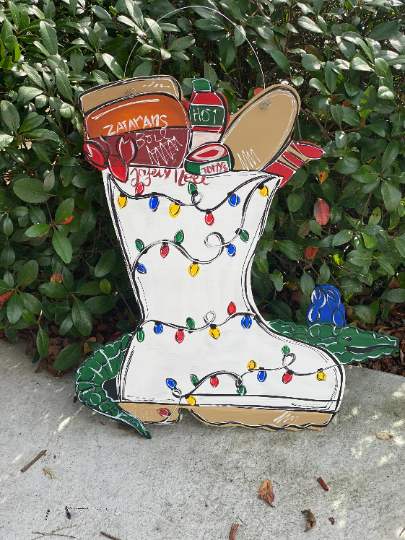 white boot Christmas door hanger